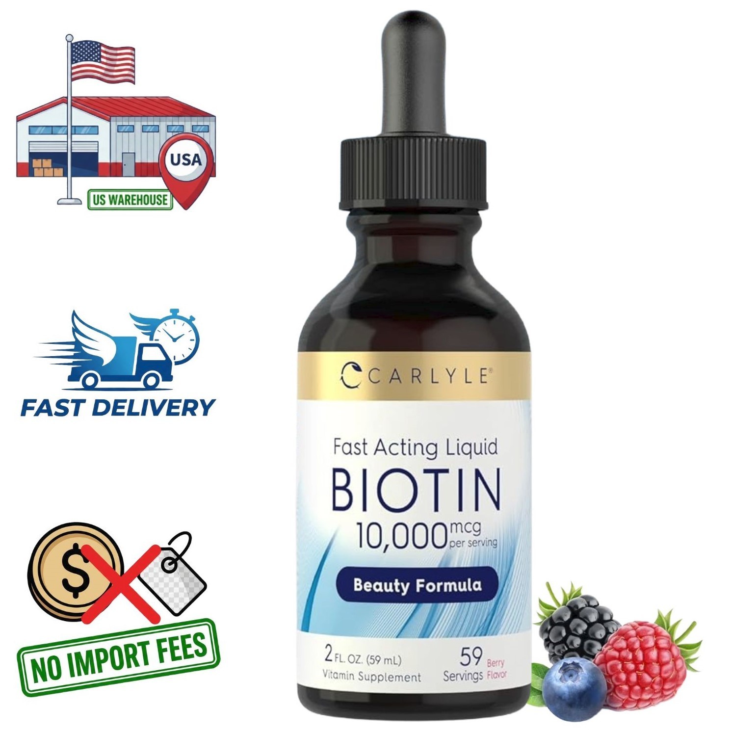 Biotina 10000mcg Líquida, 2 Oz – Suplemento de Vitamina B7, Sabor a Frutos Rojos