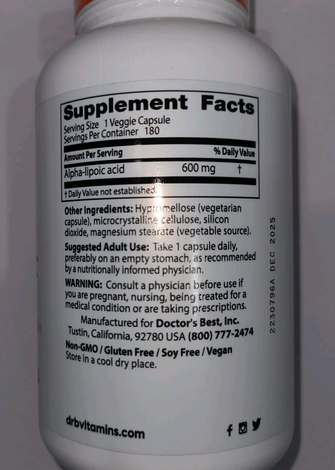 Doctors Best Alpha Lipoic Acid 600 mg (180 Veggie Capsules) Exp 12/2025