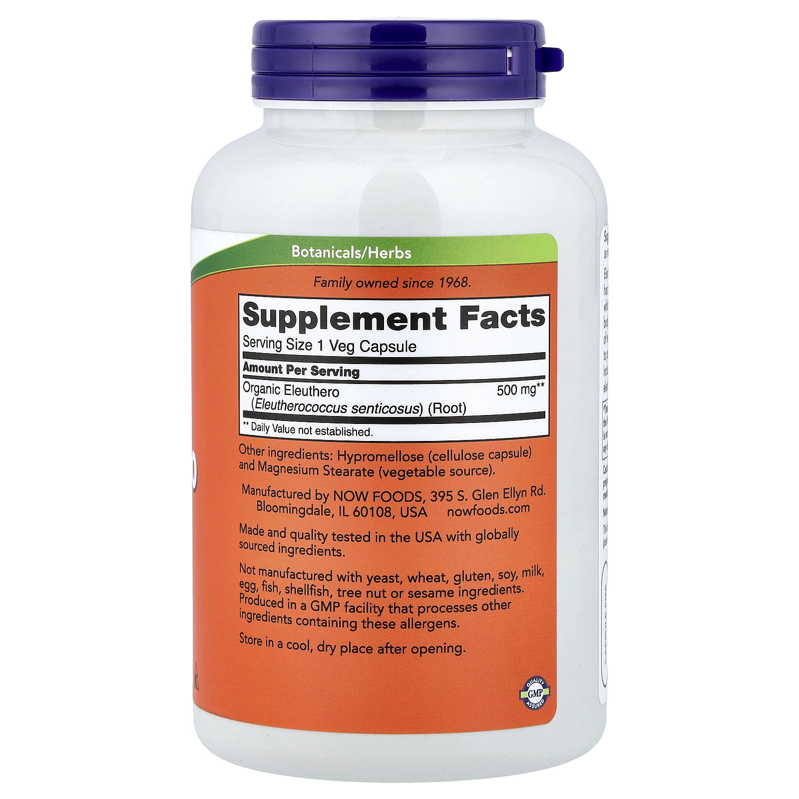 Now Foods Eleuthero 500 mg 250 Veg Capsules GMP Quality Assured, Vegan,