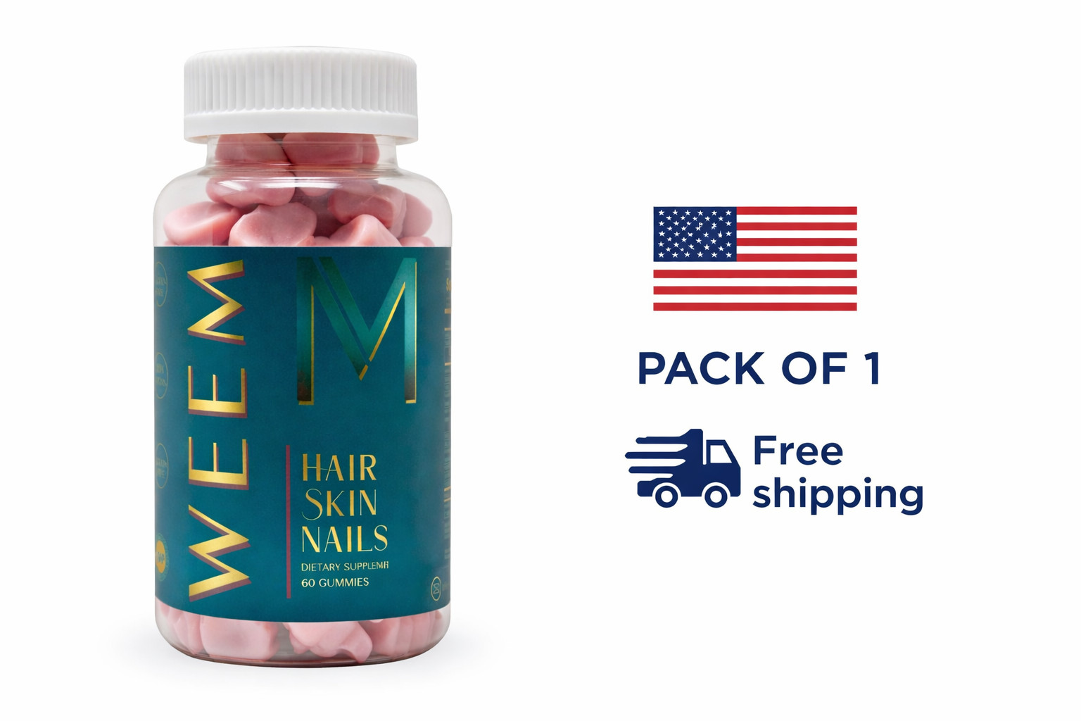 Pack Of 1 WEEM Hair Skin and Nails Gummies Supports Healthy Hair 60ct EXP 07/27