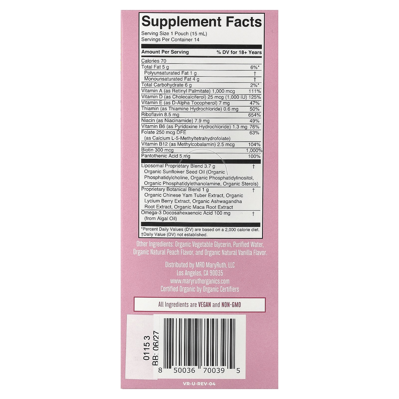 Organic Women’s Multivitamin Liposomal, Vanilla Peach, 14 Pouches, 0.5 fl oz (15