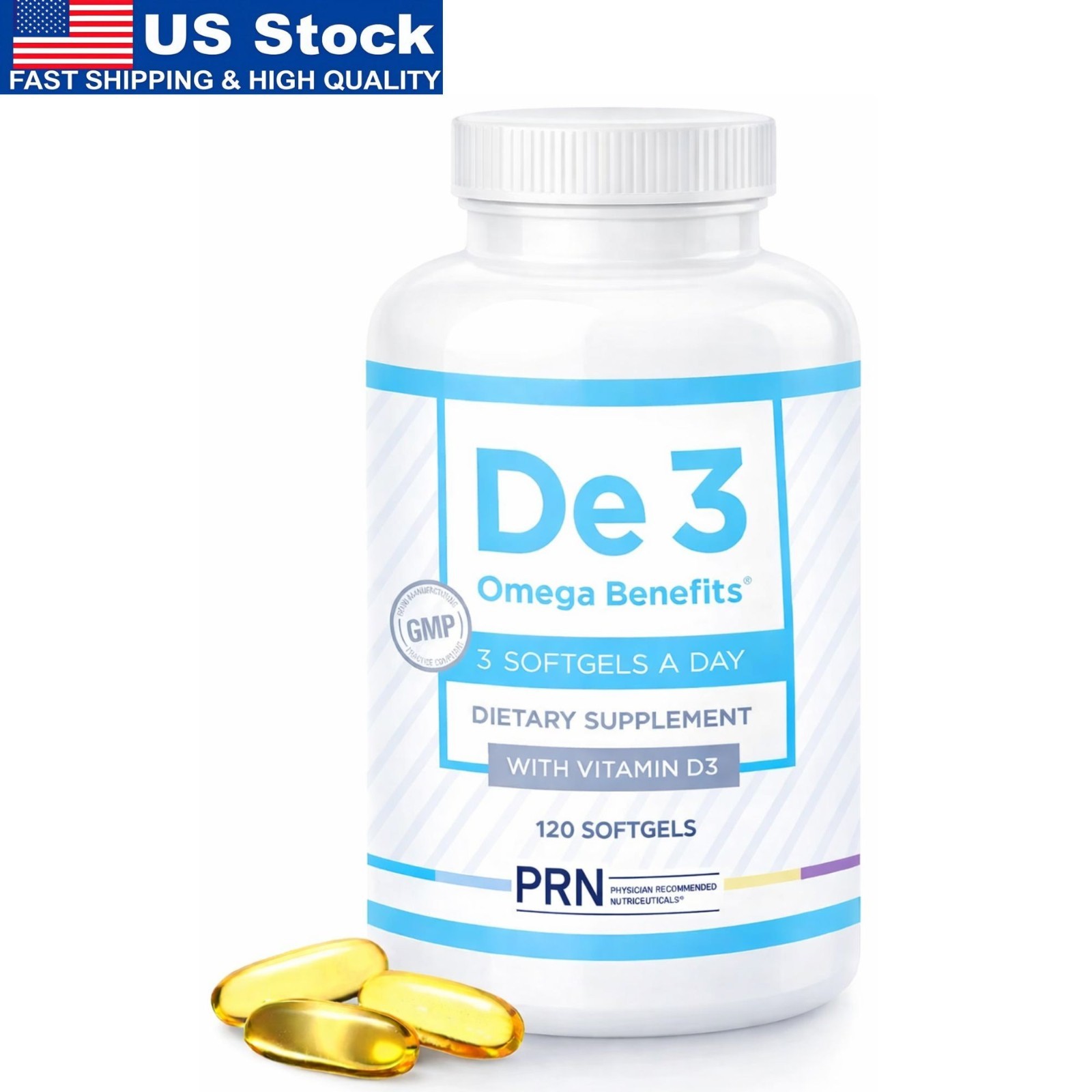 PRN De3 Omega Benefits 120 Softgels Daily Care Bottle